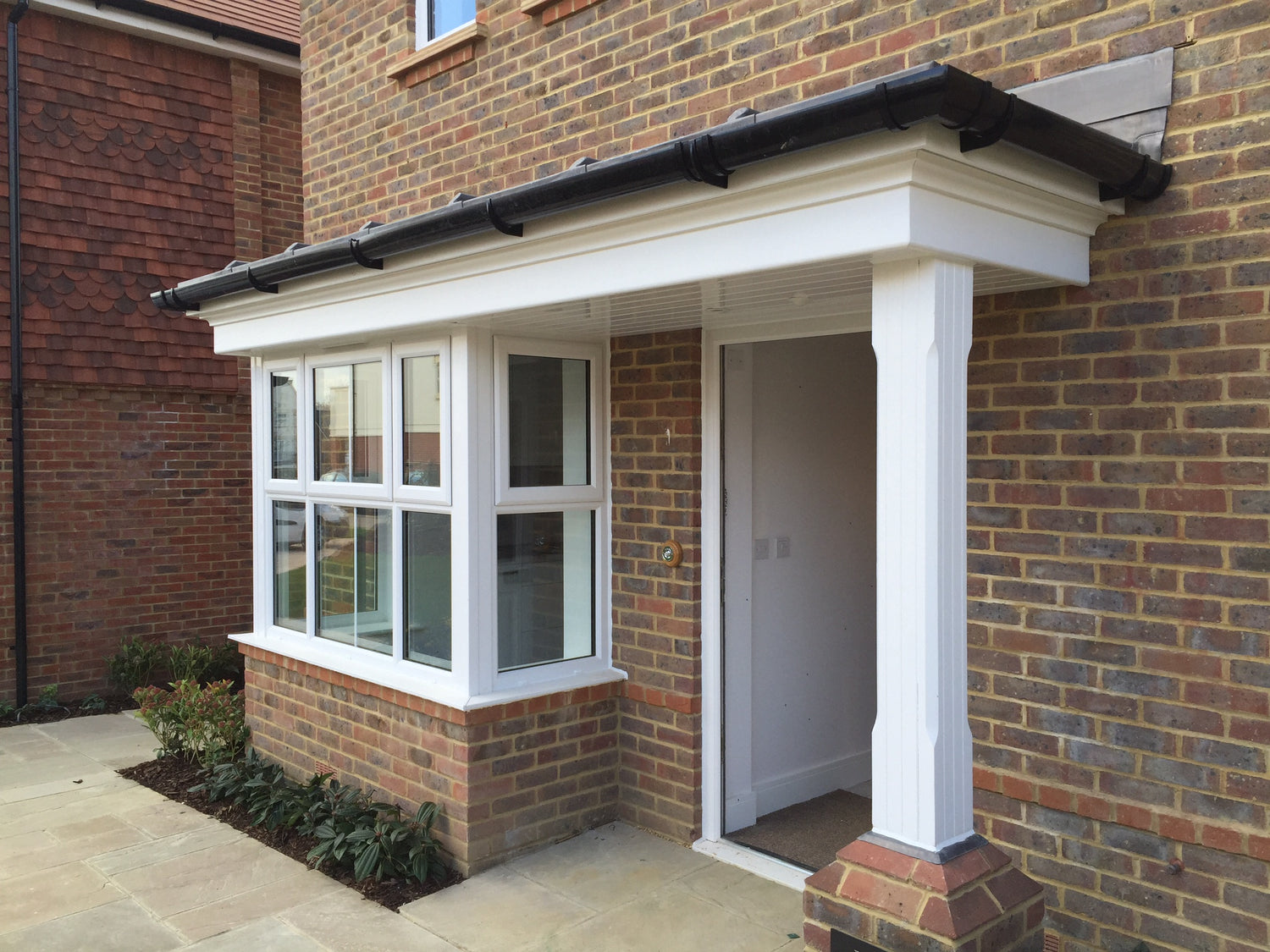 Flat Entrance Bay Window Canopy including Opepe Hardwood Porch Post