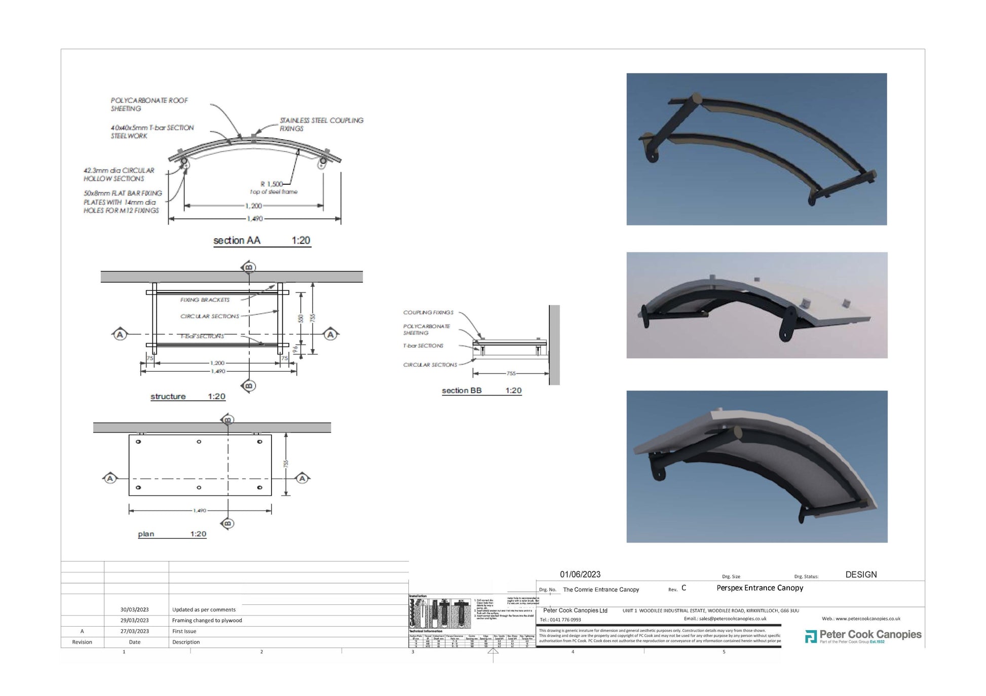 The Cromrie Clearlight Perspex Entrance Canopy Drawing